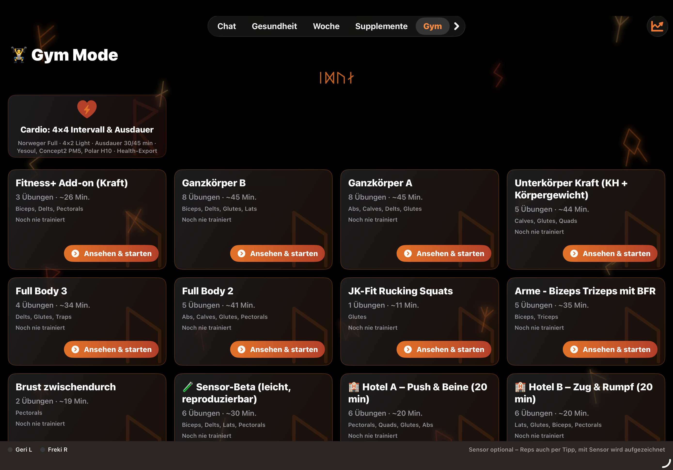 IDUN Gym Mode auf dem iPad — Trainingspläne im Runen-Design
