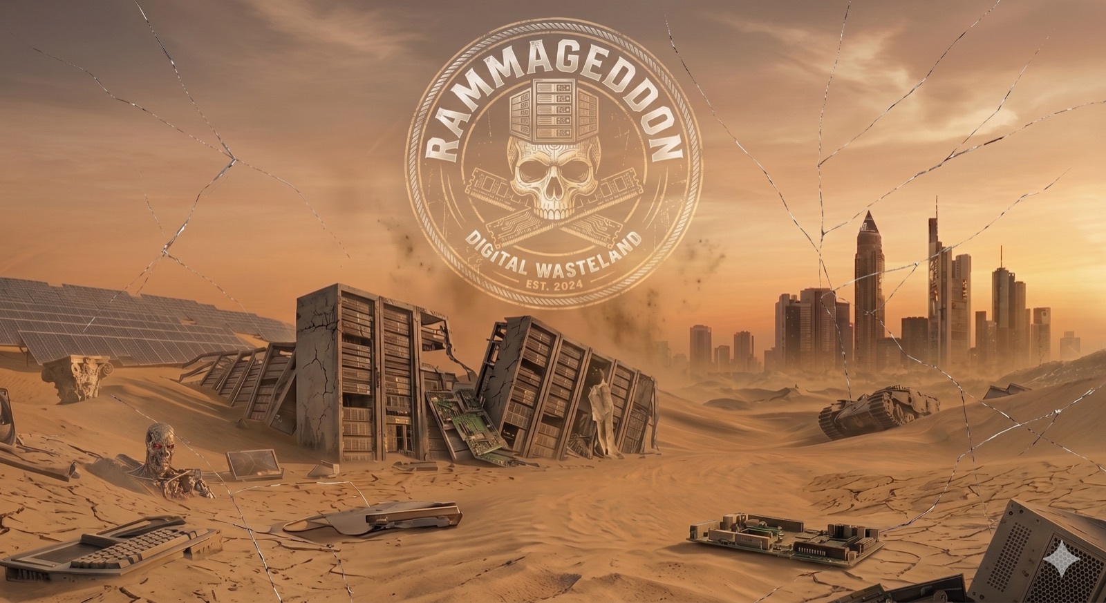RAMmageddon — gekippte Server-Racks in einer Wüstenlandschaft vor der Frankfurter Skyline