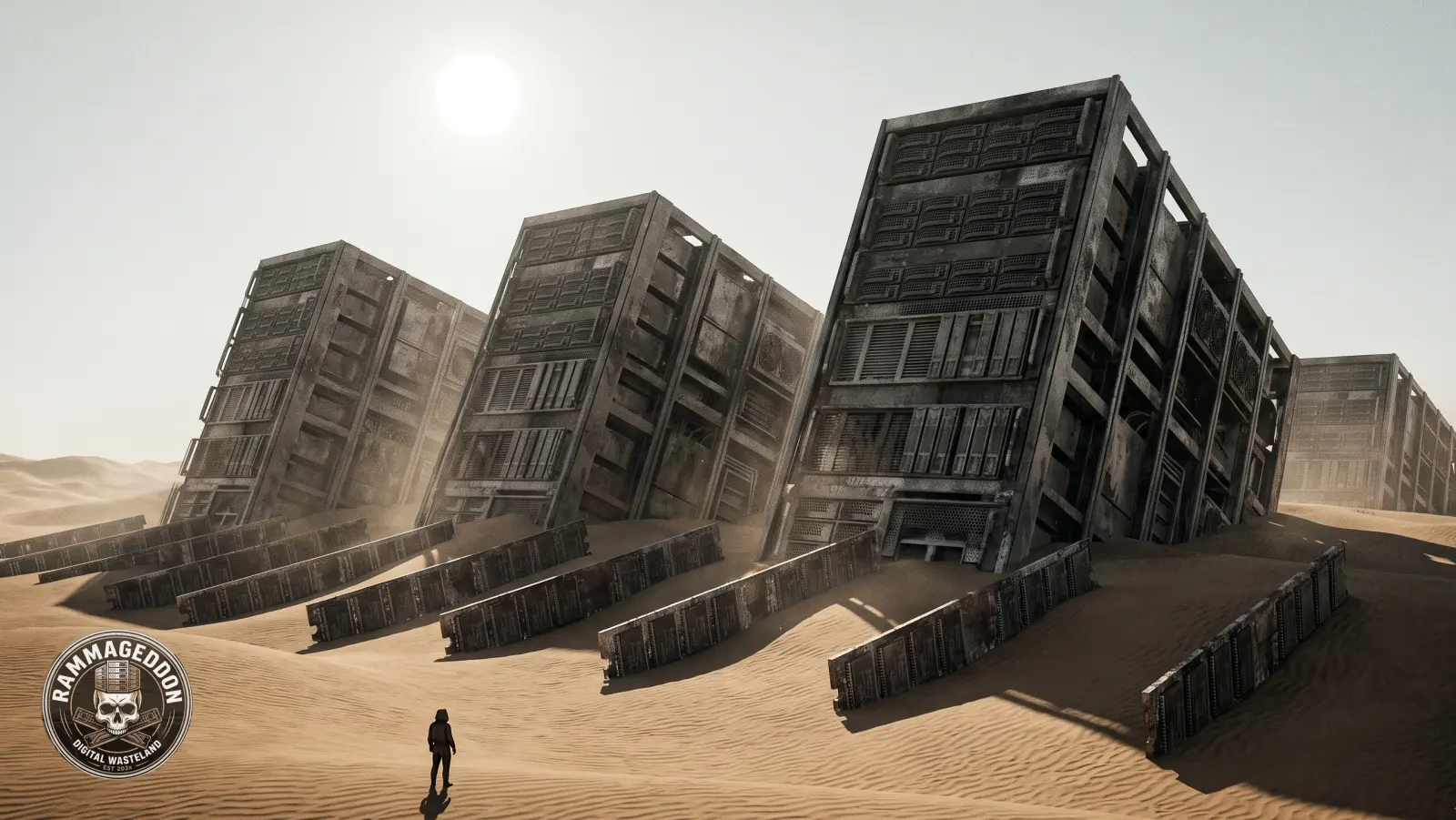 Im Wüstensand versinkende Server-Racks, davor RAM-Module wie Grabsteine und eine einzelne Gestalt