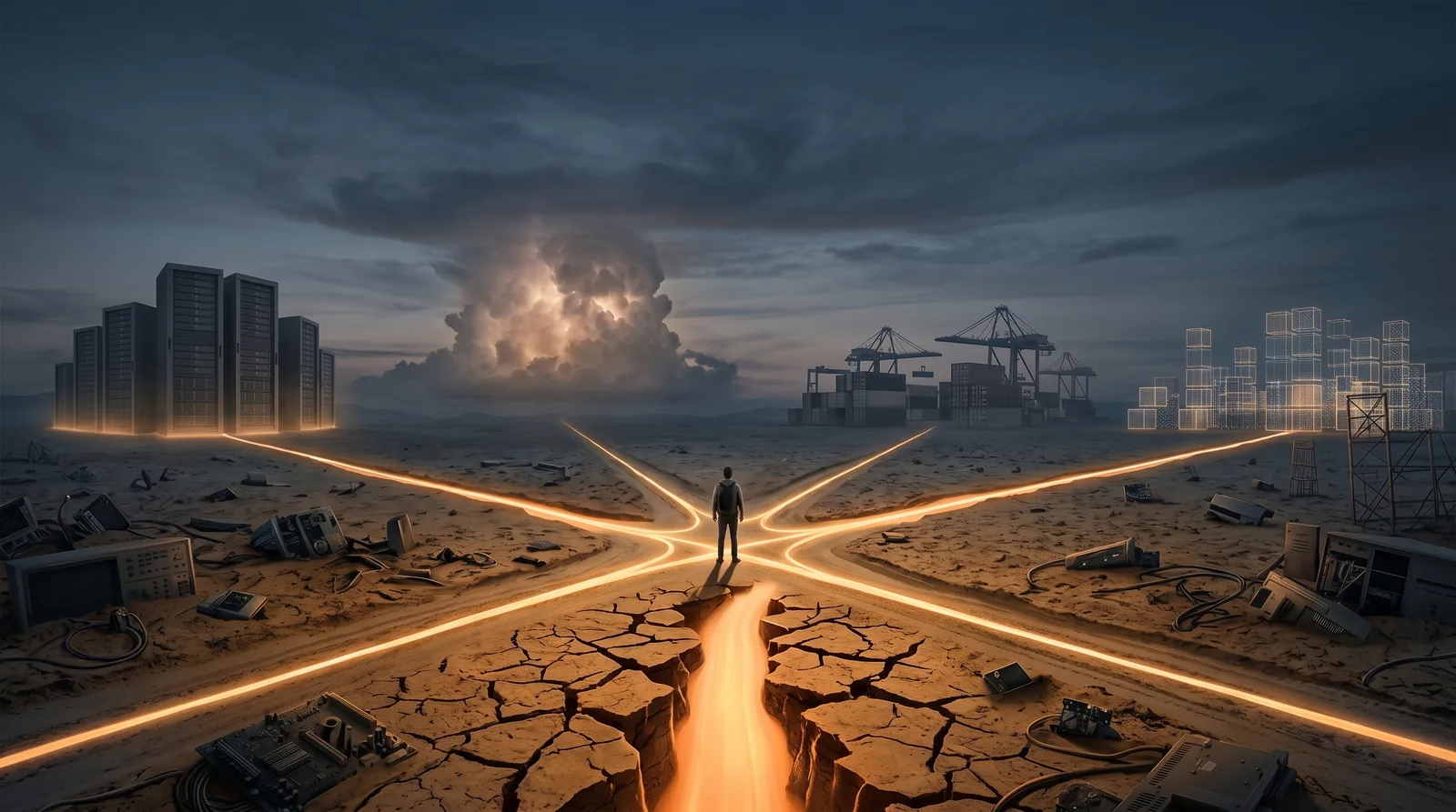 A person stands at a crossroads in the wasteland; glowing lines connect server racks, a cloud, a container port and virtual cubes on the horizon.